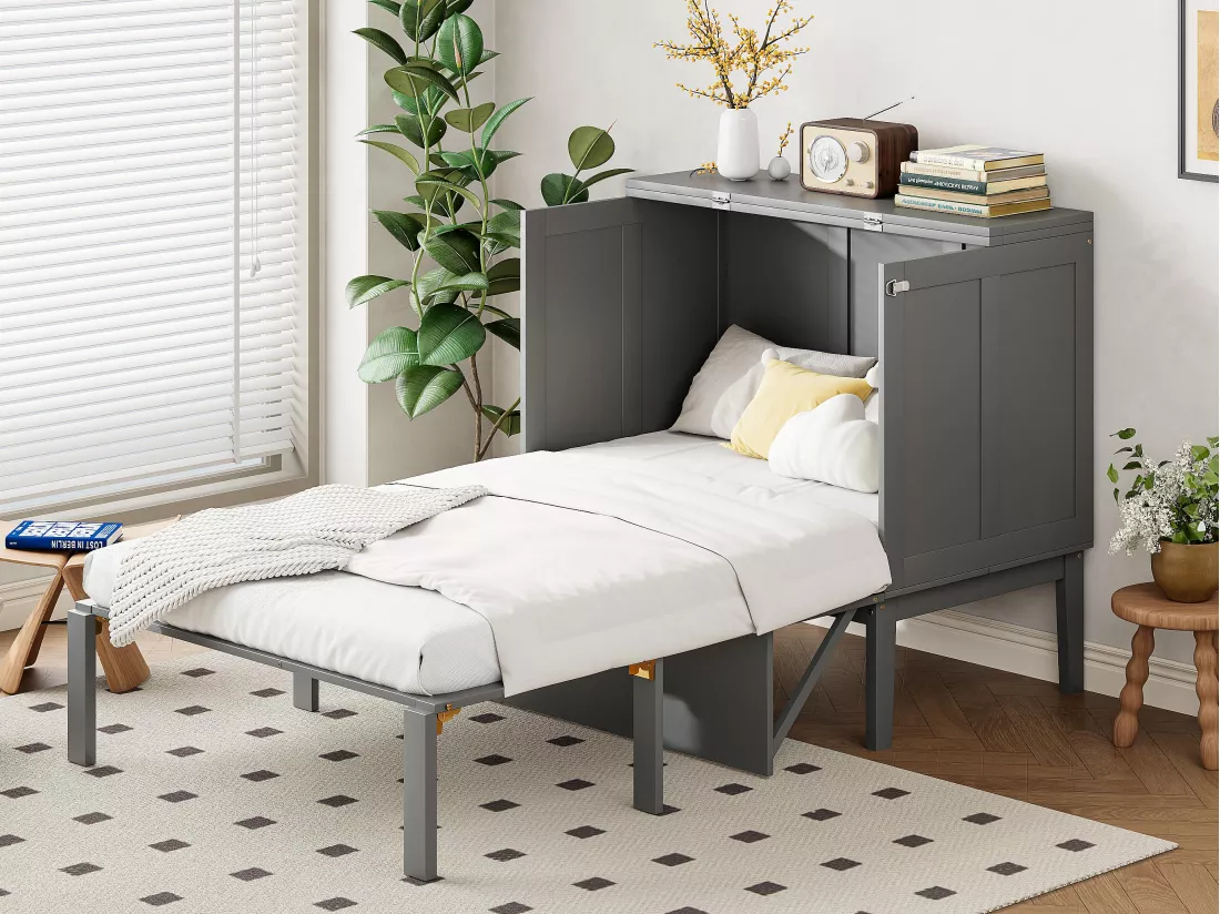 Lit escamotable 90x200 cm en bois - avec sommier à lattes - Gris