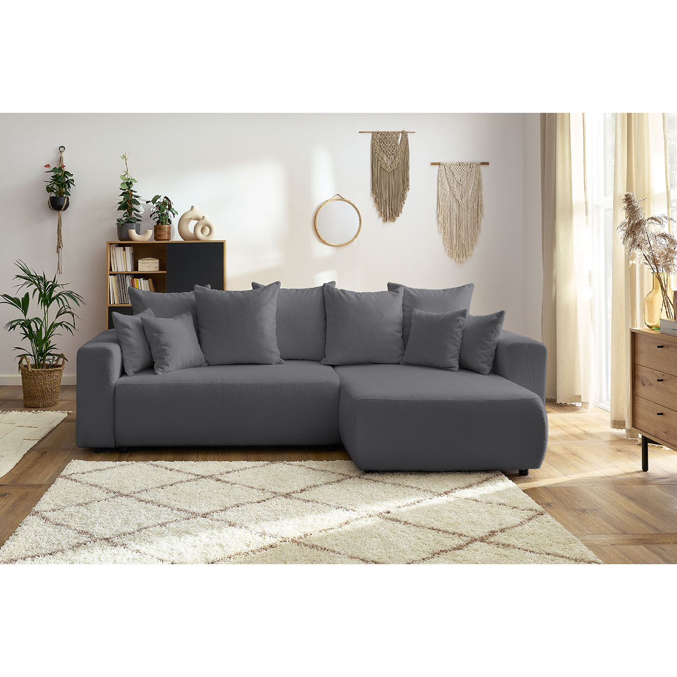 Bobochic Canapé d'angle convertible reversible bouclette Envy gris foncé - 282x153x95 cm