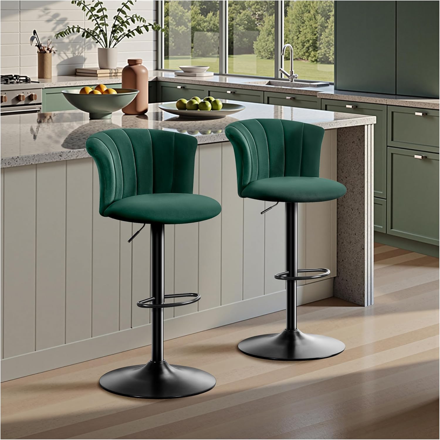 2er Set Barhocker Höhenverstellbar Barstuhl Seidensamtstoff, Küchenhocker 360° Drehbar, Barhocker mit Lehne, Tresenhocker 150kg Belastbar für Küche, Esszimmer-Grün FA8039214