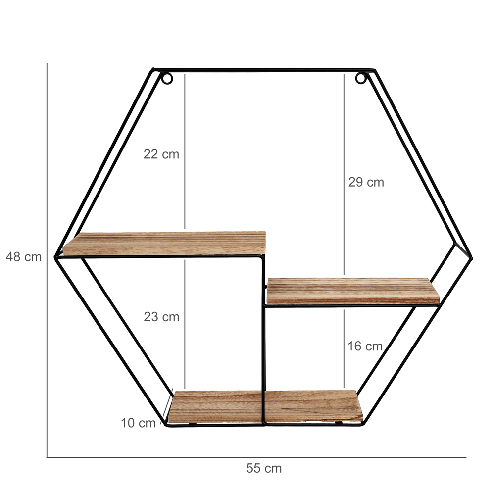 Etagère murale en métal noir avec 3 étagères - hexagone - 48x55x10 cm