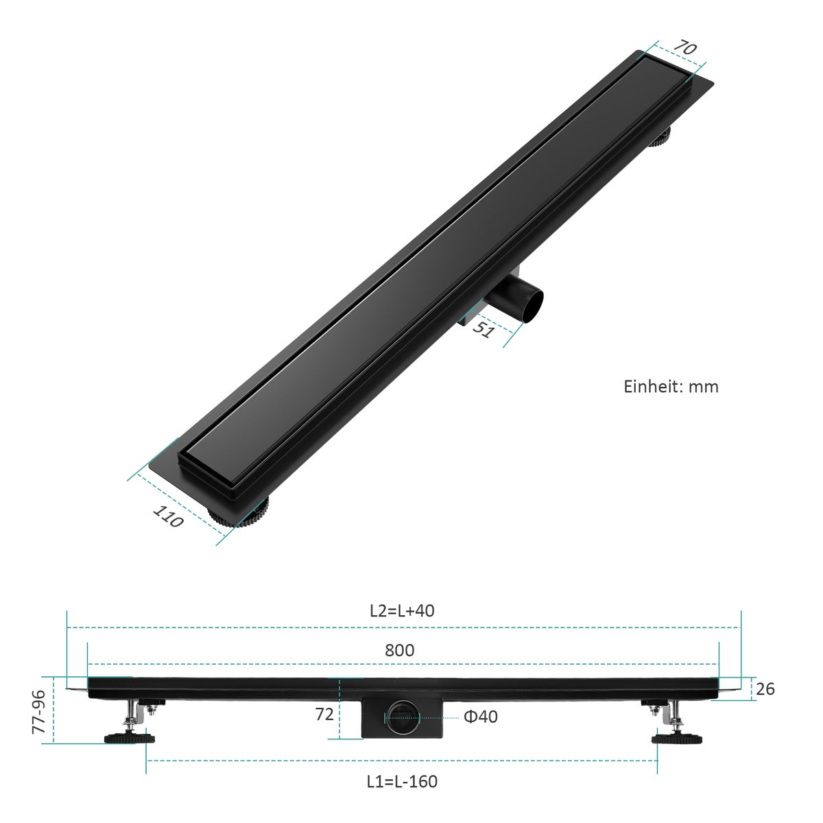 EMKE RVS doucheafvoer 2-in-1 complete set, 800 mm, betegelbaar, extra plat, zwart met haarzeef en sifon - Standaardmaat adapter 40/50 mm, installatiehoogte 77-96 mm, waterstroom 30 l/min.