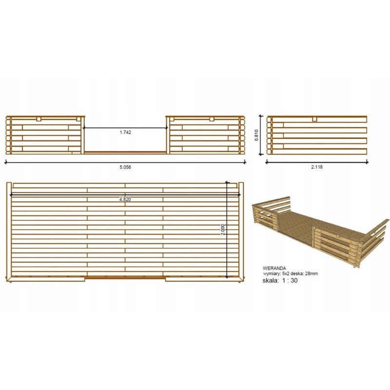 Abri de jardin en bois - 5x4 m - 30 m2 + terrasse avec balustrade et avant-toit en bois