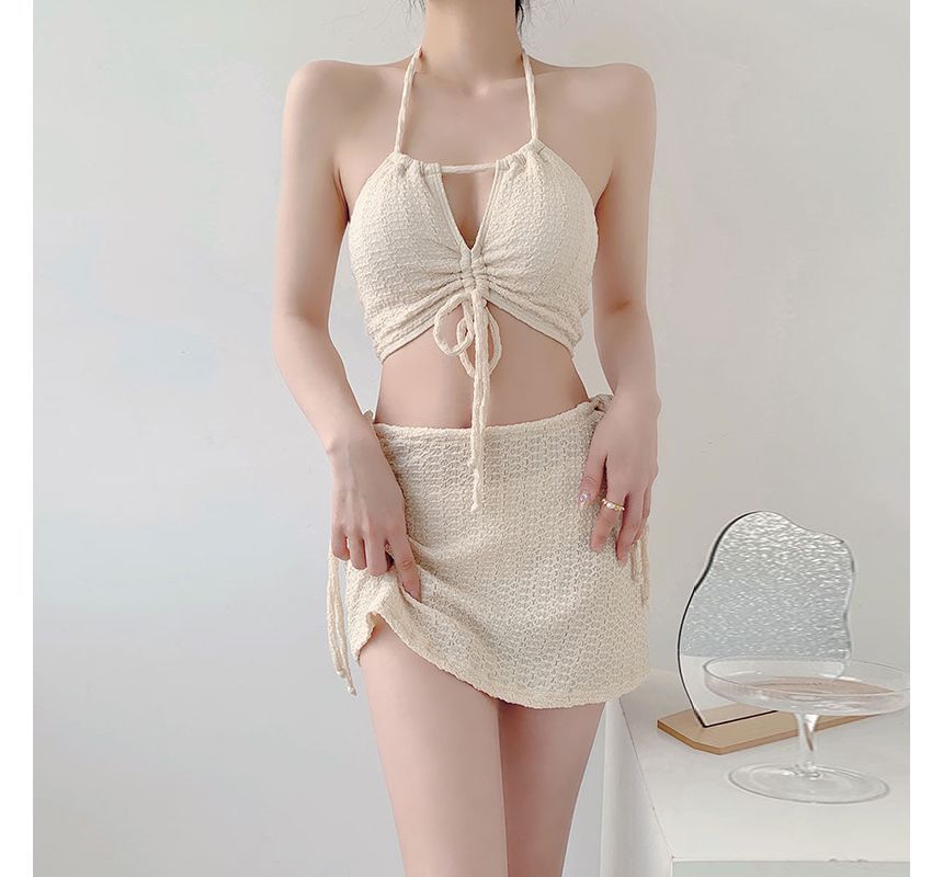 Seneliel - Set: Halter Bikini Top met Trekkoord + Bikinibroekje + Zwemrok