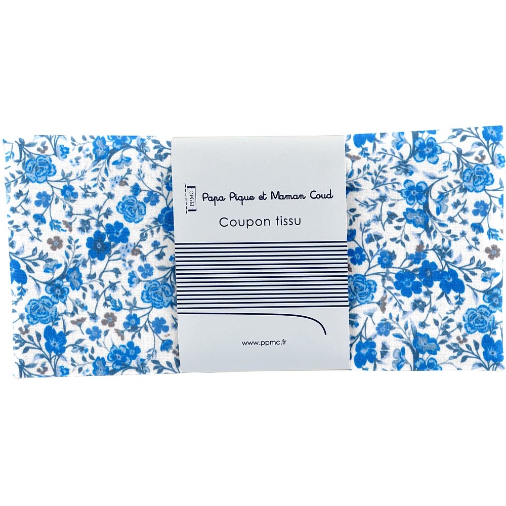 Coupon Tissu 50 Cm Fleuri Bleu Crème Ex1058