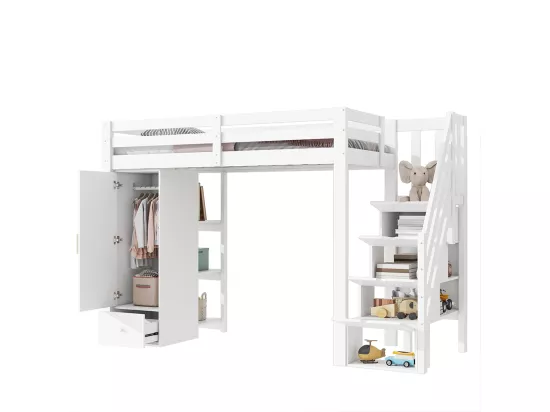 Lit mezzanine 90x200 garde-corps échelle escamotable tiroirs armoire plusieurs étagères Blanc