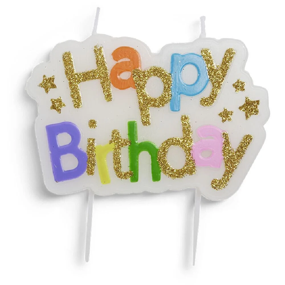 Bougie anniversaire Happy Birthday bannière multicolore et doré