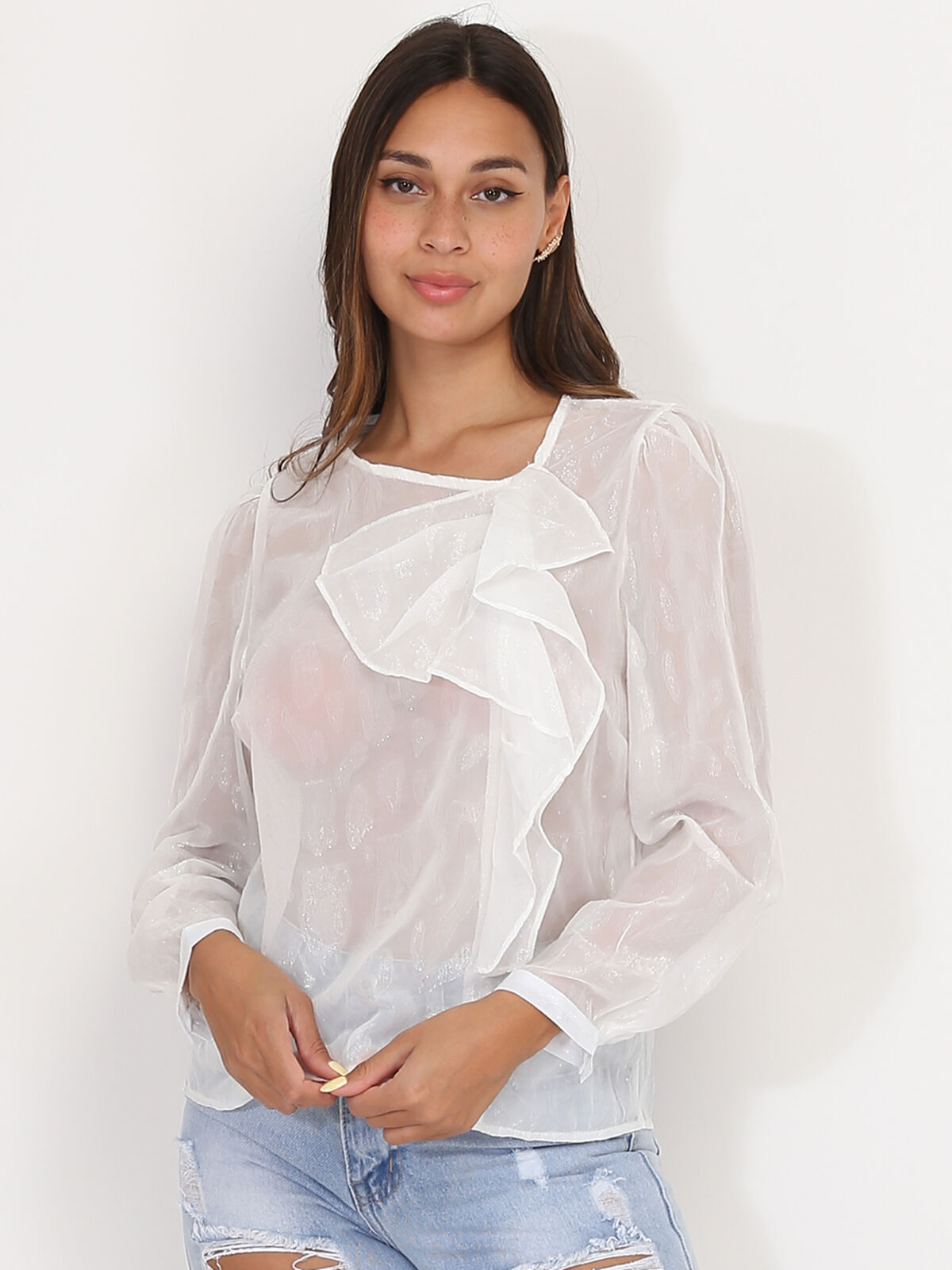 Blouse transparente scintillante à volants- Blanc