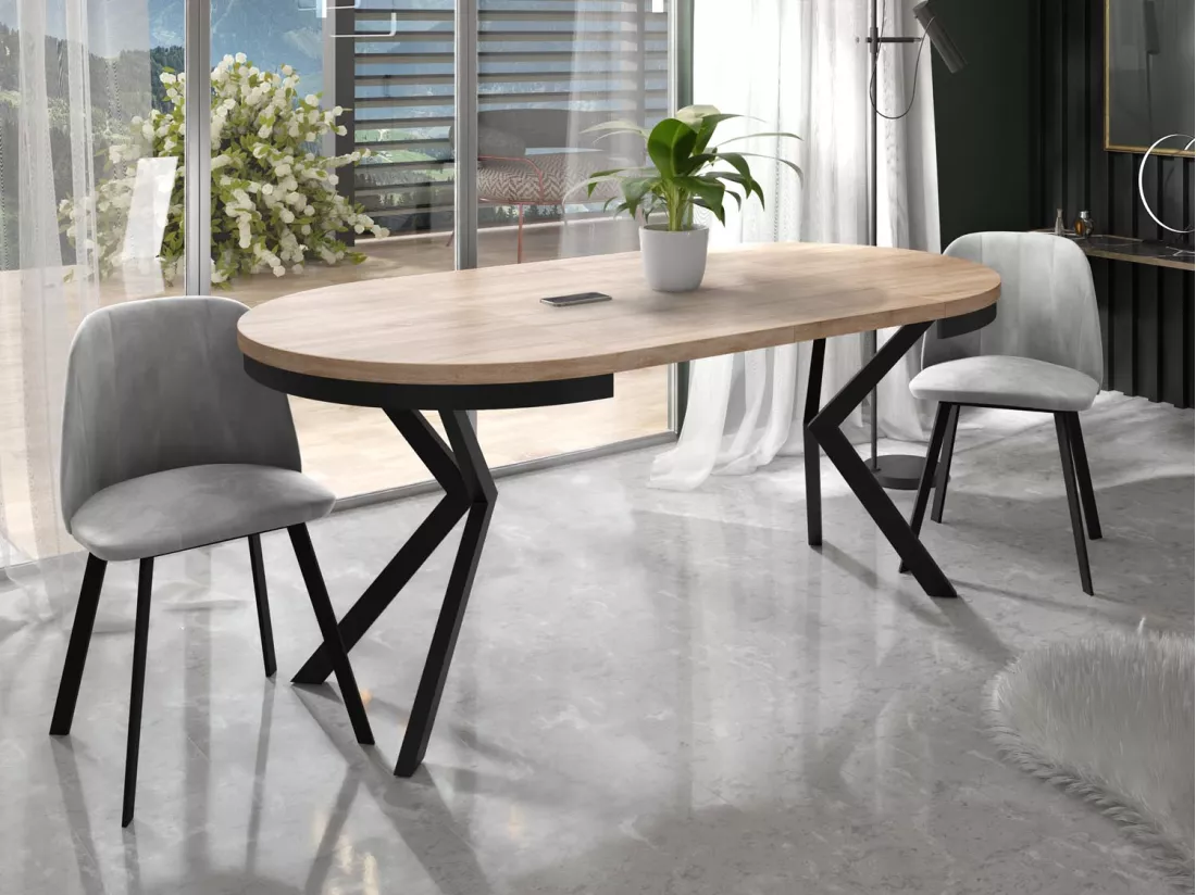 Table à Manger Extensible Ronde - Table Style Loft Avec Pieds En Métal - 90 à 170 Cm - Table Ronde Style Industriel Pour Le Salon - Compacte - Chêne Sonoma/noir - 9