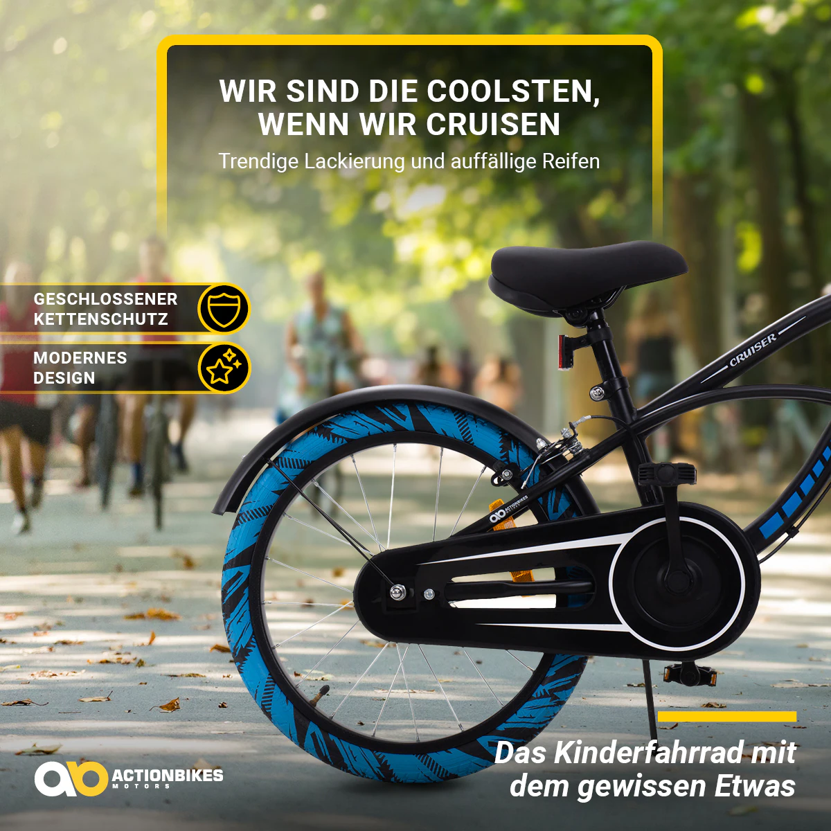 Actionbikes Kinderfahrrad Cruiser 18 Zoll, schwarz, Fahrradständer, Antirutschgriffe, Lenkerschutz (Schwarz/Blau)