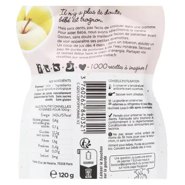 Popote Les Fruits Gourde Pomme +4m Bio 120g