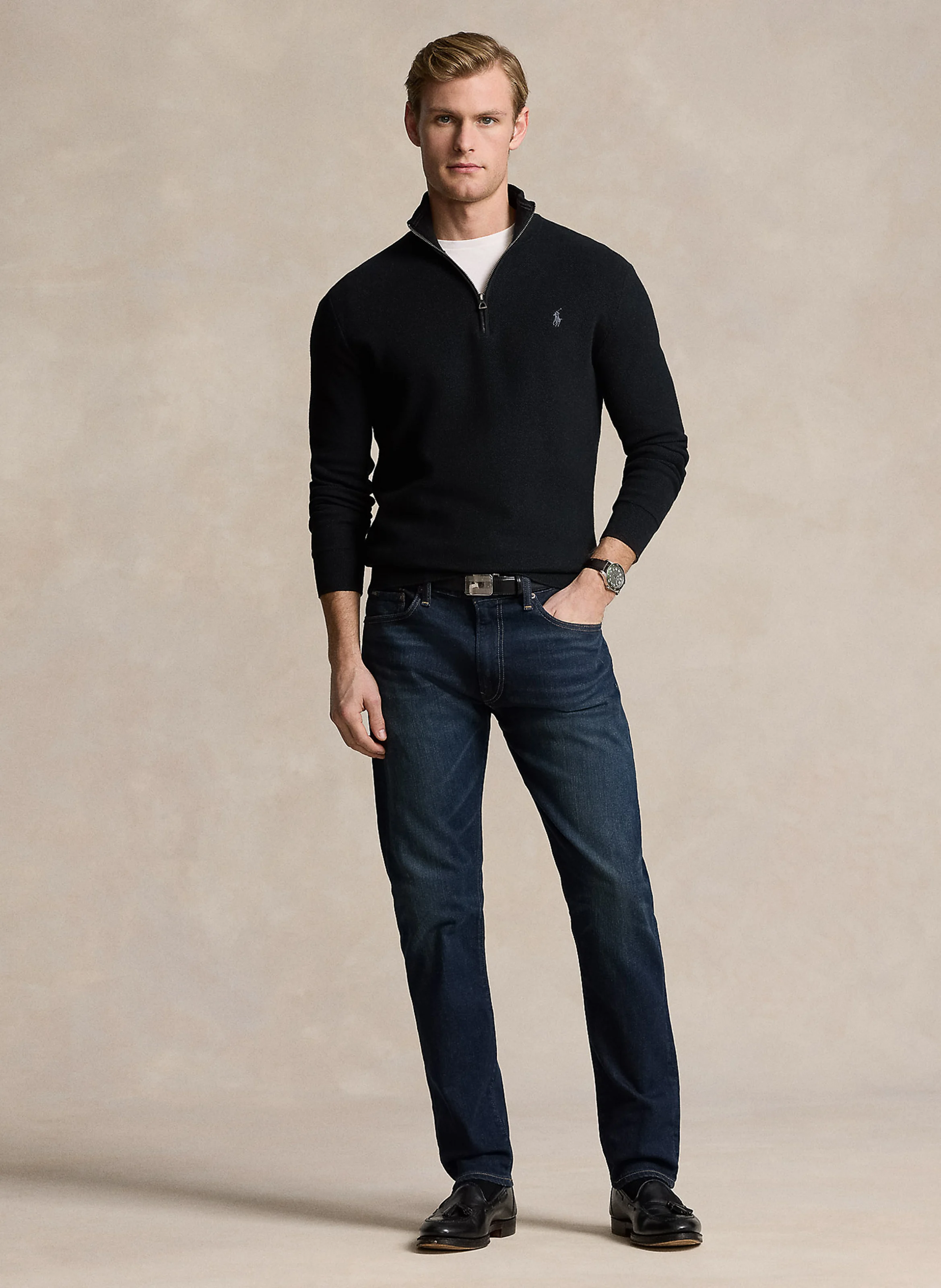 Pull col montant zippé en coton piqué | Noir