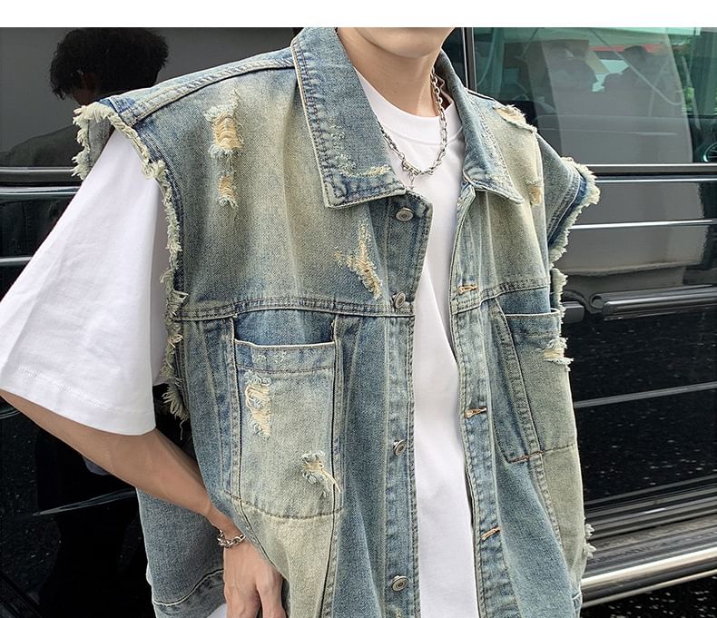 Hushgrain - Vest met kraag, gewassen denim en knopen