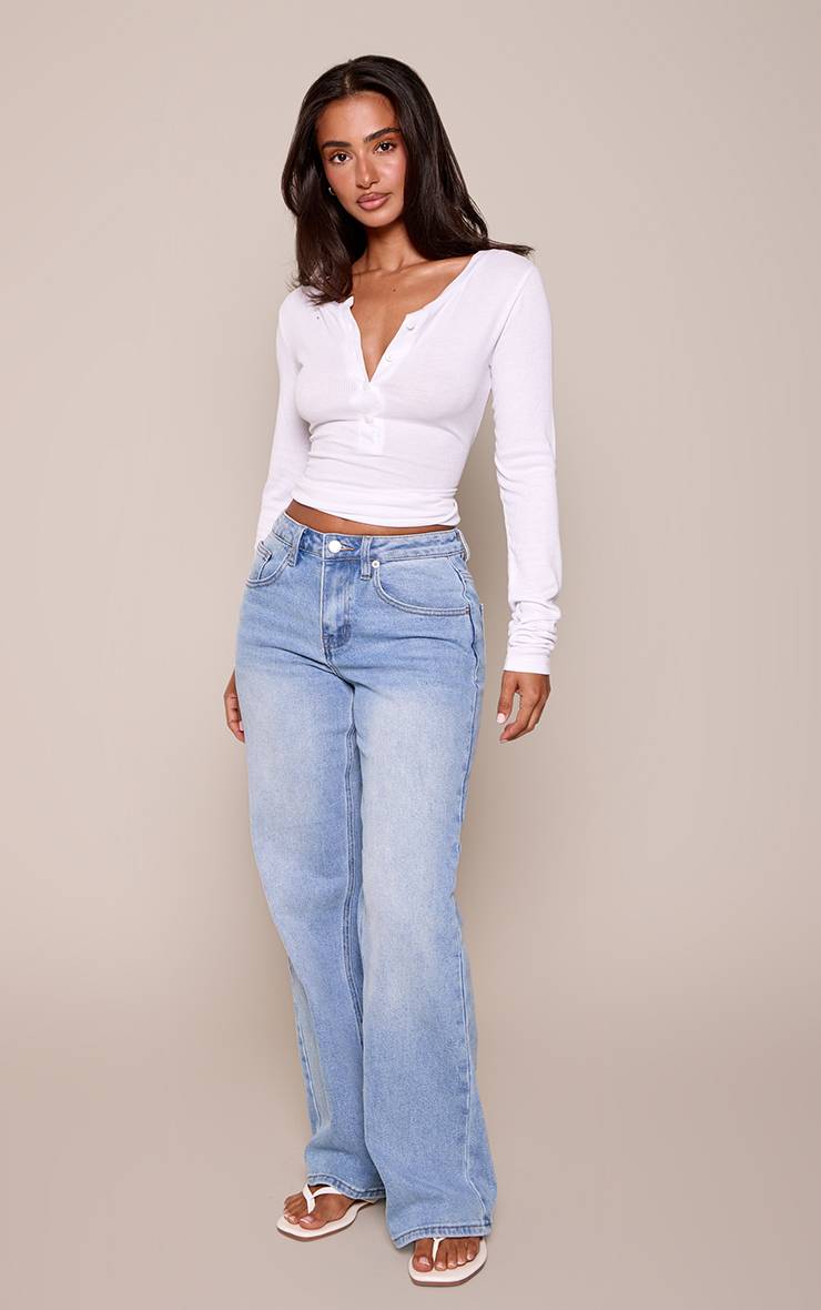 Mid Blue Wash Jean Droit Taille Haute Stretch Bleu Moyen Petite