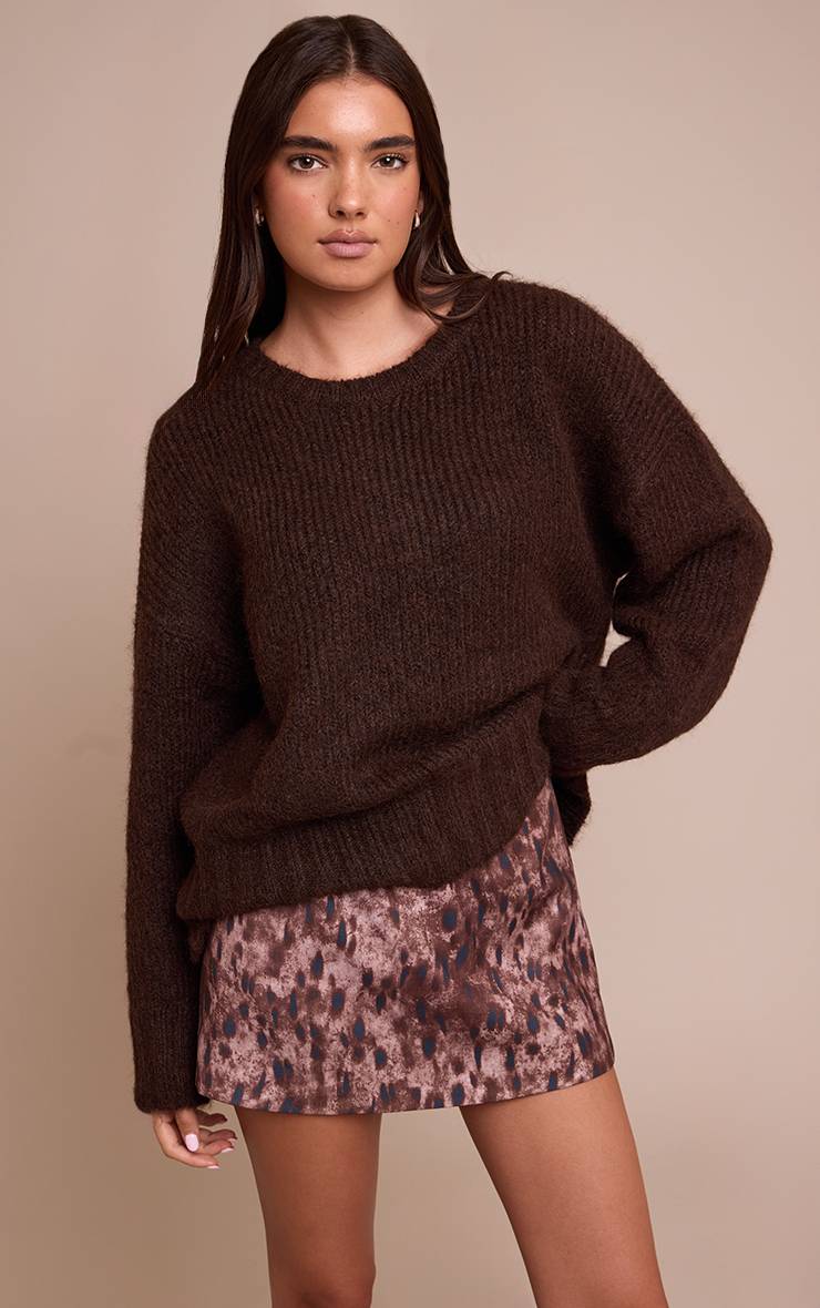 Marron Mini-jupe Taille Haute Évasée En Tissu Tissé