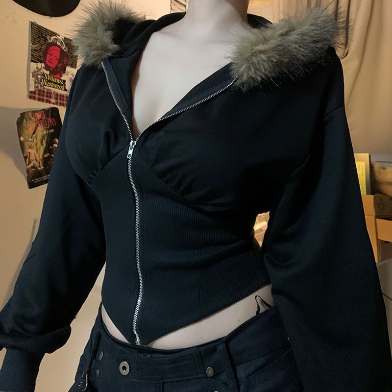 BrickBlack - Cropped jack met capuchon en rits en zachte rand