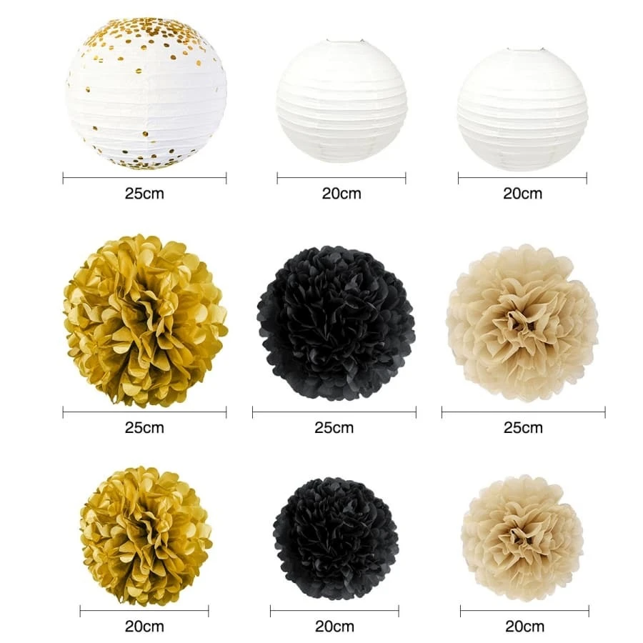 (22-tlg. Set) Papier Lampions Party Deko Pompon's / Blätter Girlande / 3D Schmetterling Sticker - Schwarz / Gold / Weiss
