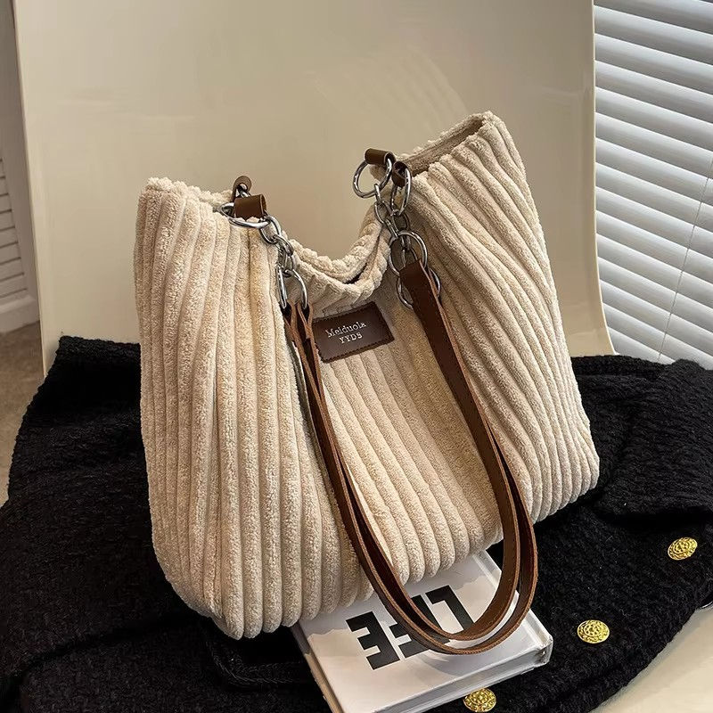 (37x26cm) Damen Kordsamt Handtasche Fashion Retro Umhängetasche - Beige