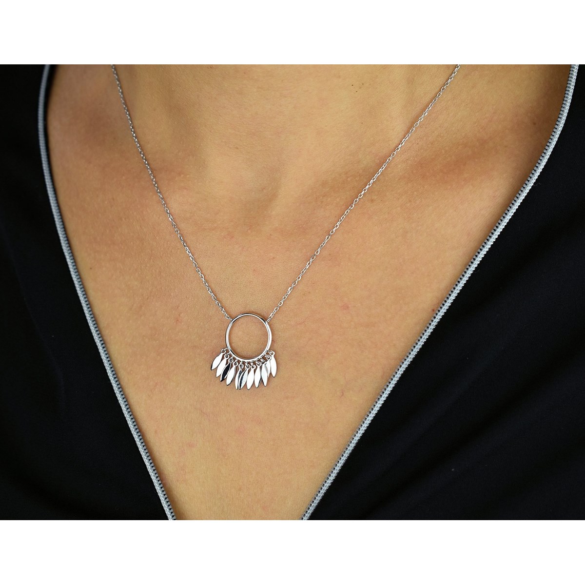 Collier cercle pampilles de petites plumes pendantes Argent 925 Rhodié