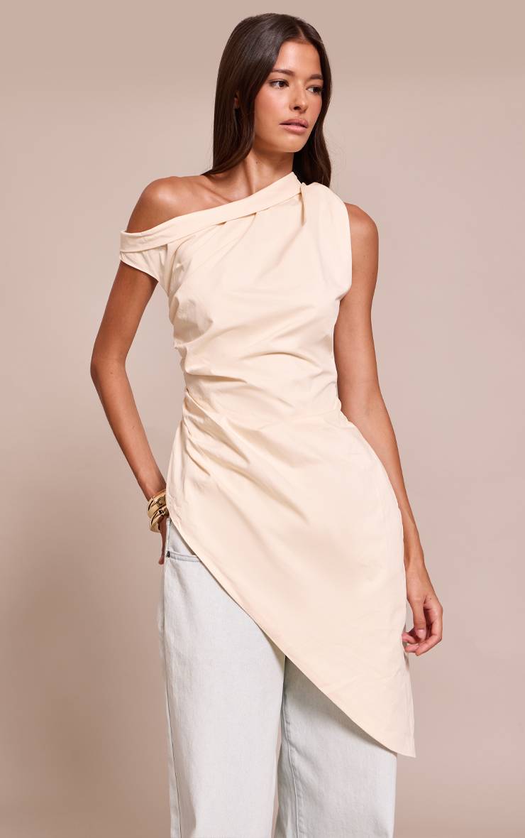 Crème Top Asymétrique En Coton À Une Épaule Avec Ourlet Extrême Et Fronces