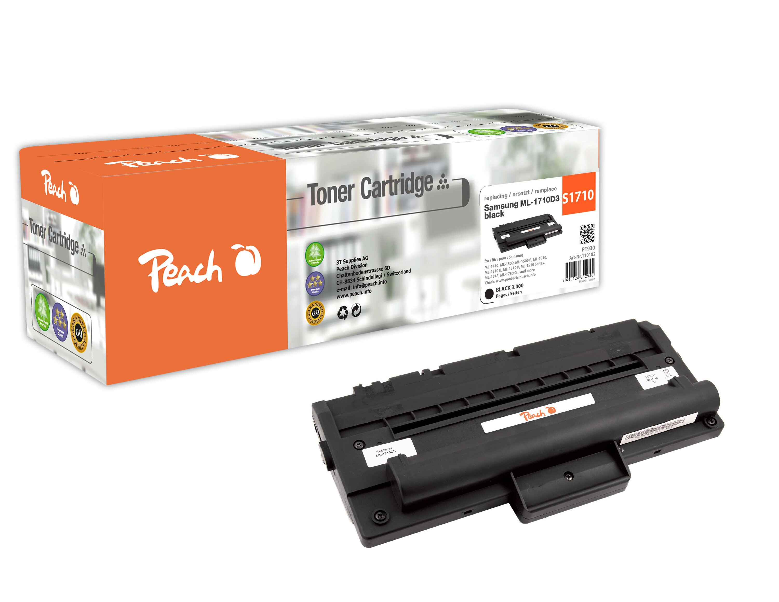 Peach S1510/1710 Toner bk ersetzt Samsung ML-1710D3/ELS für z.B. Samsung ML -1410, Samsung ML -1500, Samsung ML -1500 B, Samsung ML -1510 (wiederaufbereitet)