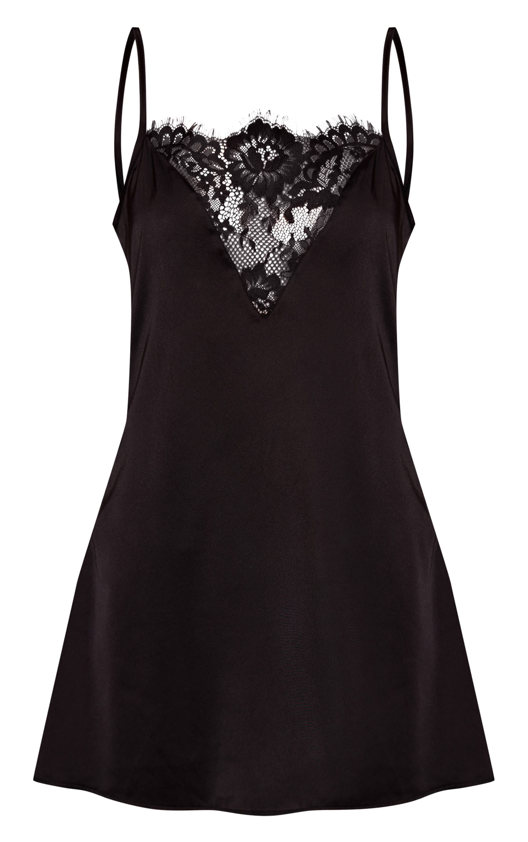 Noir Robe Nuisette Satinée À Empiècement En Dentelle