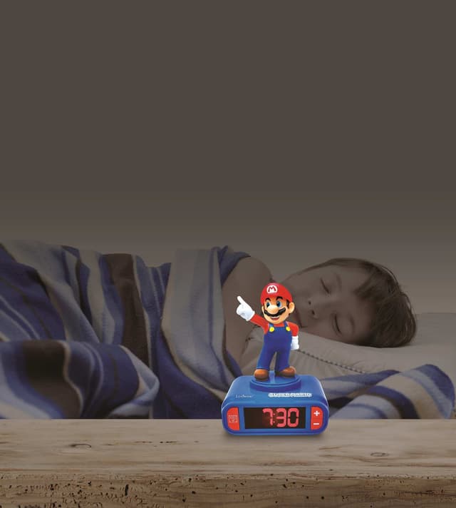 Super Mario-vækkeur med Mario 3D-figur og lyde fra videospillet
