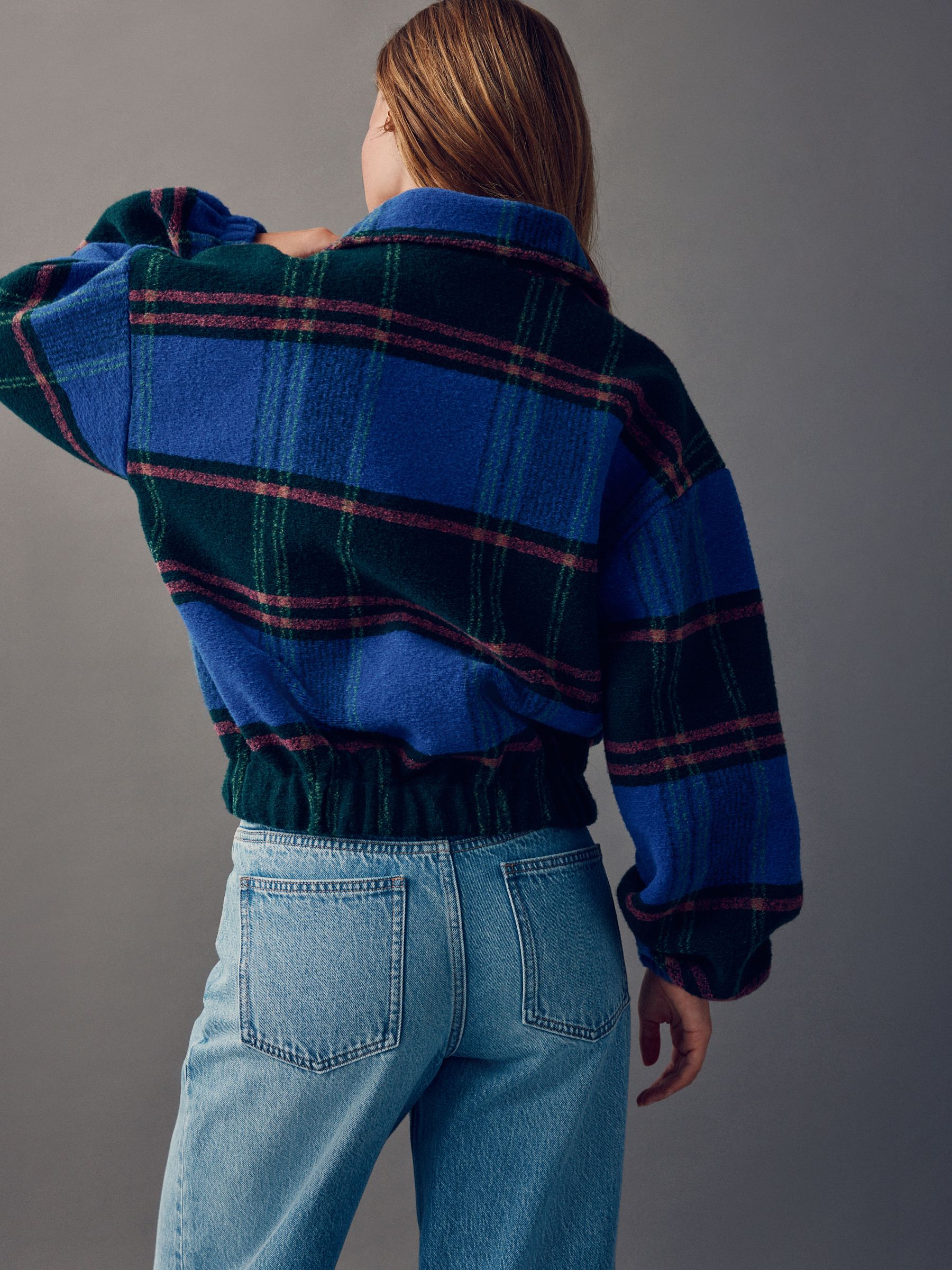 Kobaltblauw - Check Soft Brushed Zip Funnel Neck Teddy Fleece Jacket