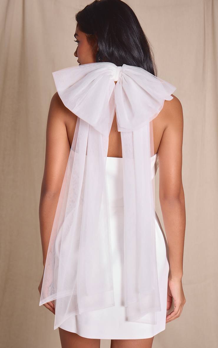 Blanc Robe Patineuse Premium En Organza Avec Nœud Détail Bustier