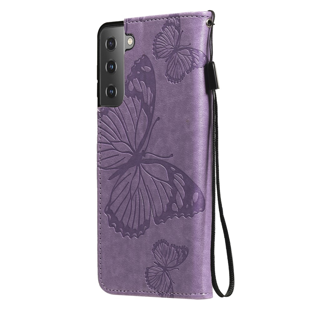 Samsung Galaxy S21 FE 5G Leder Tasche mit Kartenfach   Handschlaufe Schmetterling - Lila