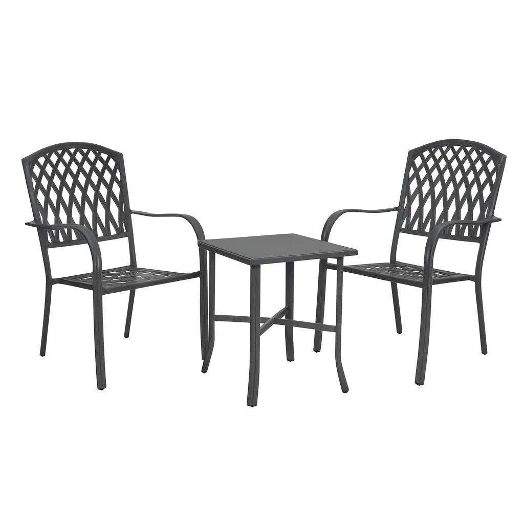 Ensemble de mobilier d'extérieur en métal noir avec deux chaises et une table