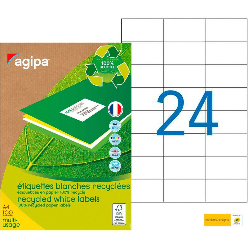 Etiquette adresse jet d'encre et laser recyclée 70 x 37 mm Agipa 101187 blanche - Boîte de 2400