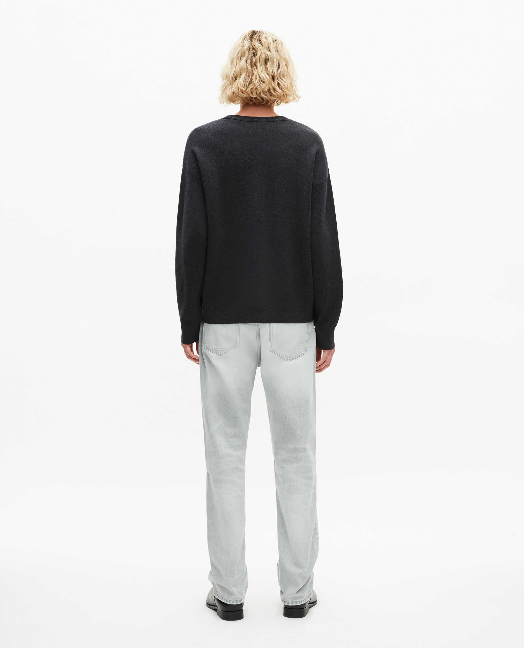 Pull col rond en laine double face gris