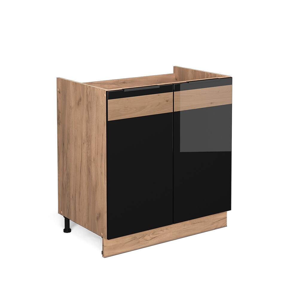 Vicco Spülenunterschrank Küchenschrank Küchenmöbel Fame-Line Eiche Schwarz 80 cm modern Hochglanz