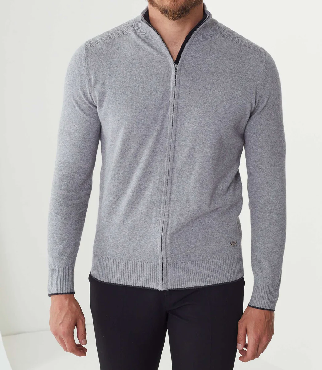 Pull full zippé cachemire gris-chiné 