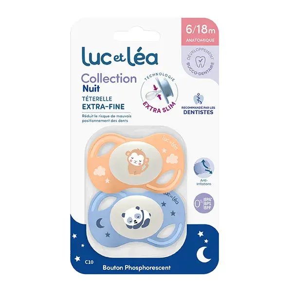 Luc et Léa Collection 2 Sucettes Nuit Anatomique Tétine Extra-slim 6-18 mois Singe Panda