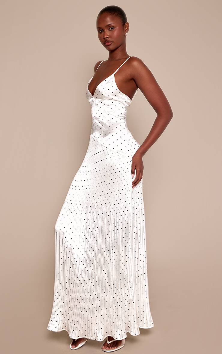 Blanc Robe Longue À Pois Col V
