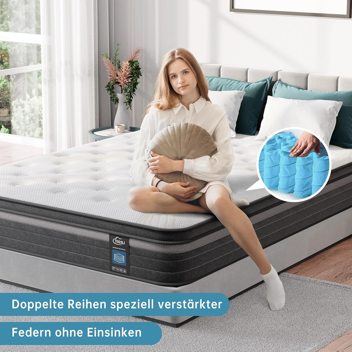 TeQsli Gel Taschenfederkernmatratze 180x200 cm 25 cm Höhe 9-Zonen Matratze H3 H4 Härtegrad, Orthopädische & Ergonomische Federkernmatratze mit Gel-Memory-Schaum, Öko-Tex & CertiPUR Zertifiziert