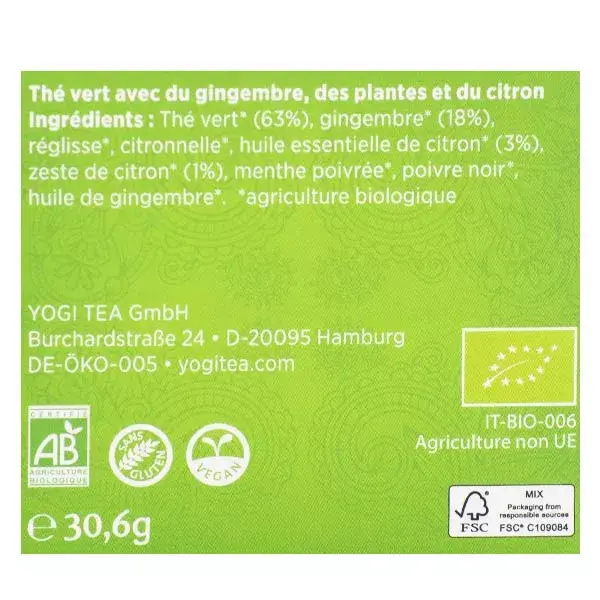 Chá Verde Yogi Tea com Gengibre e Limão - 17 sachês