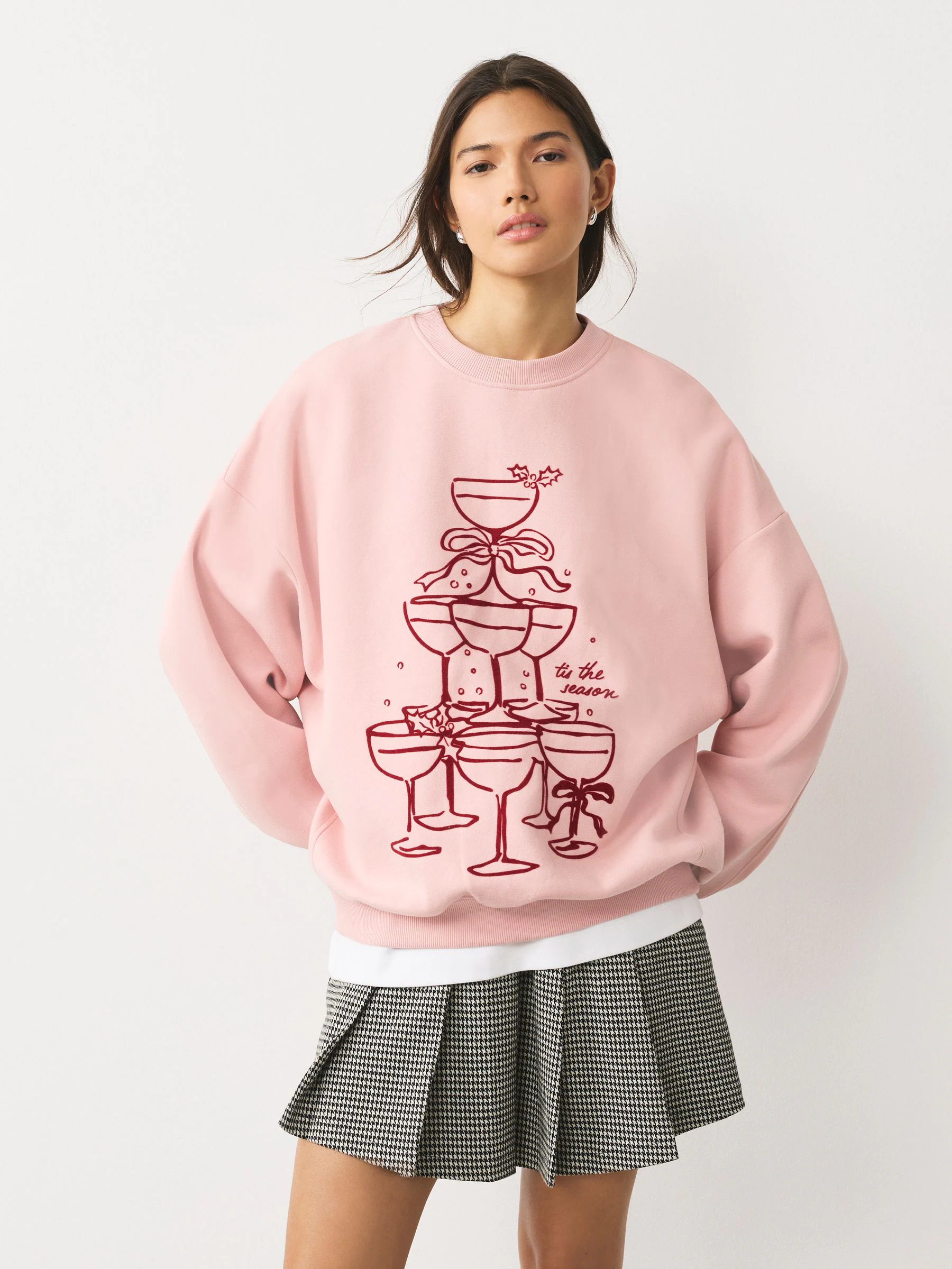 Roze - Seizoensgebonden Kerstmis Grafisch Champagneboom Longsleevee Crewneck Sweatshirt