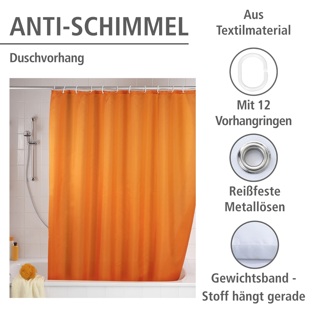 Wenko anti-schimmel douchegordijn 180x200cm polyester uni oranje inclusief ringen