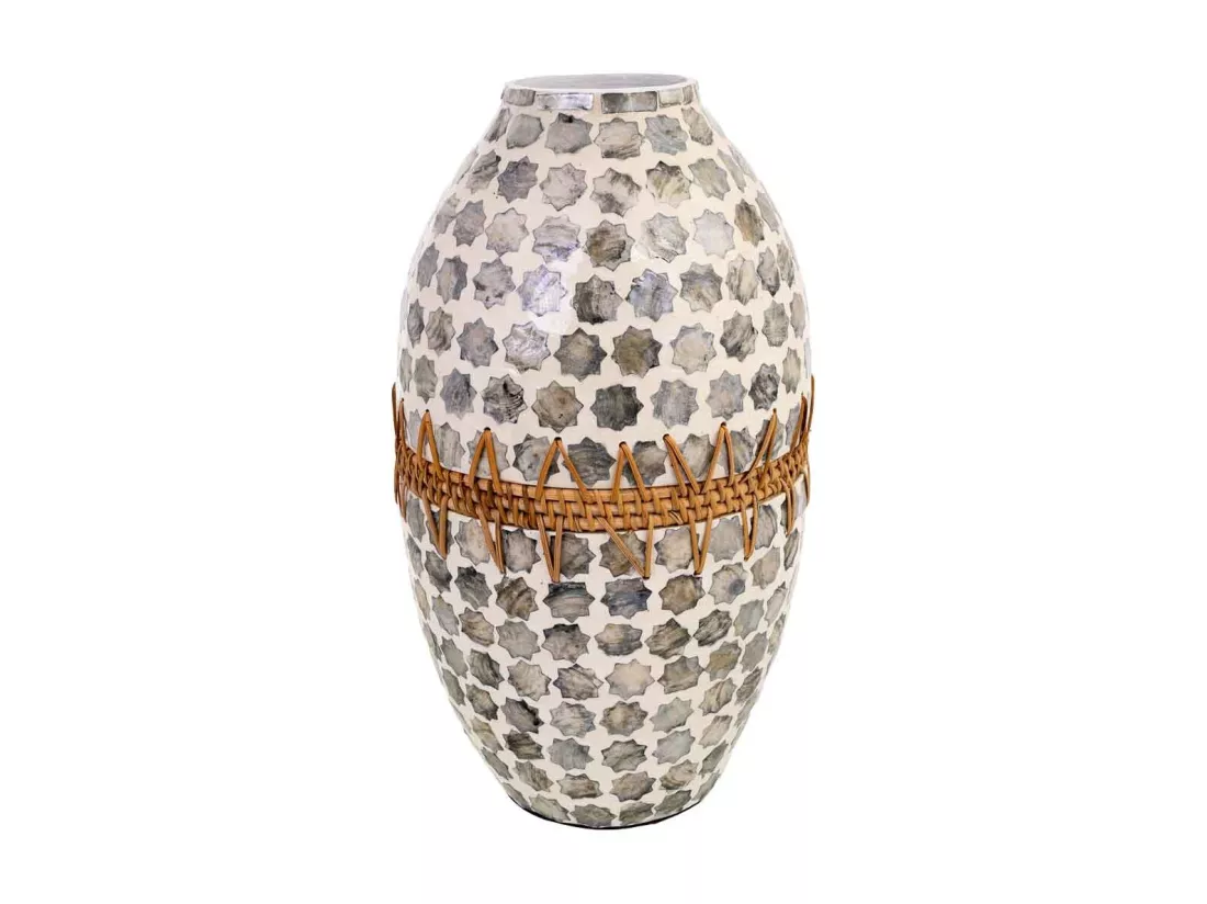 Vase en bois, capiz et rotin gris D25x59h cm
