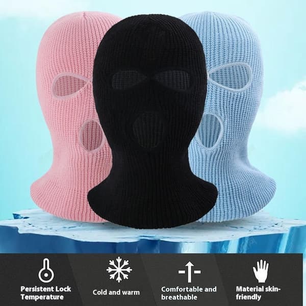 Vinter helmaske Tre-hulls Balaclava Strikket hattehals Damask - Svart