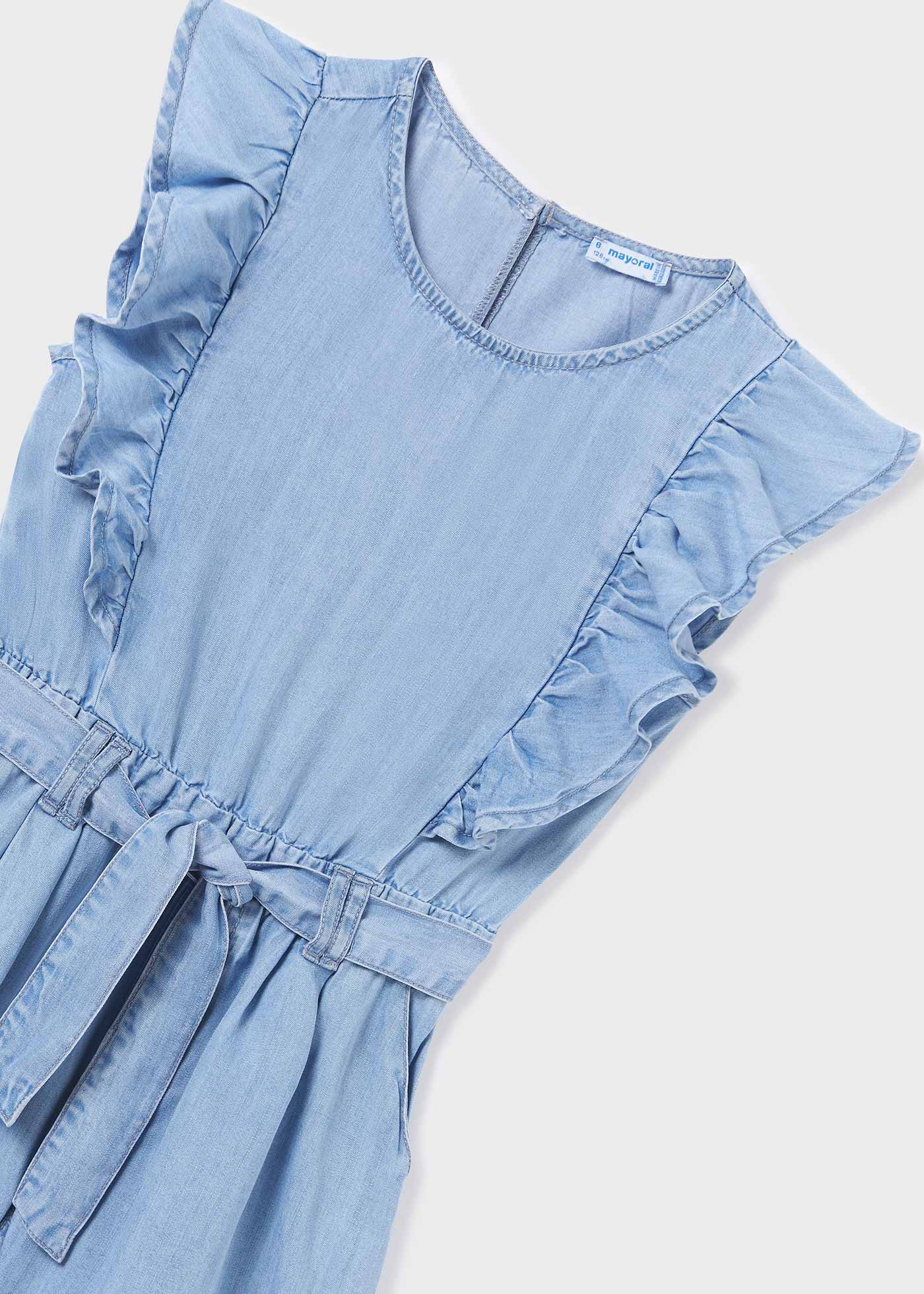 Macacão jeans infantil com babados em TENCEL™ Lyocell