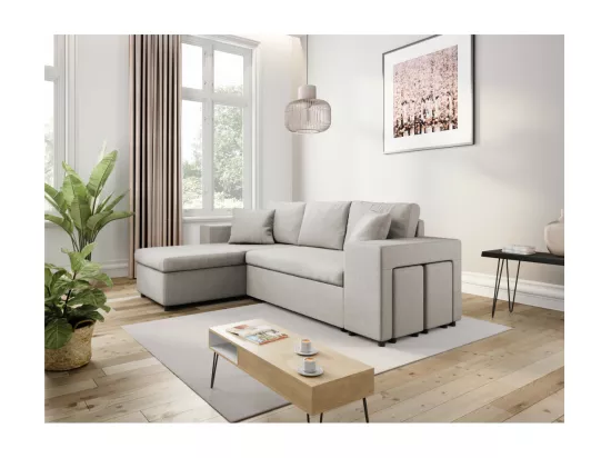 Canapé d'angle MADY convertible avec coffre, accoudoir étagère et poufs droit en tissu beige