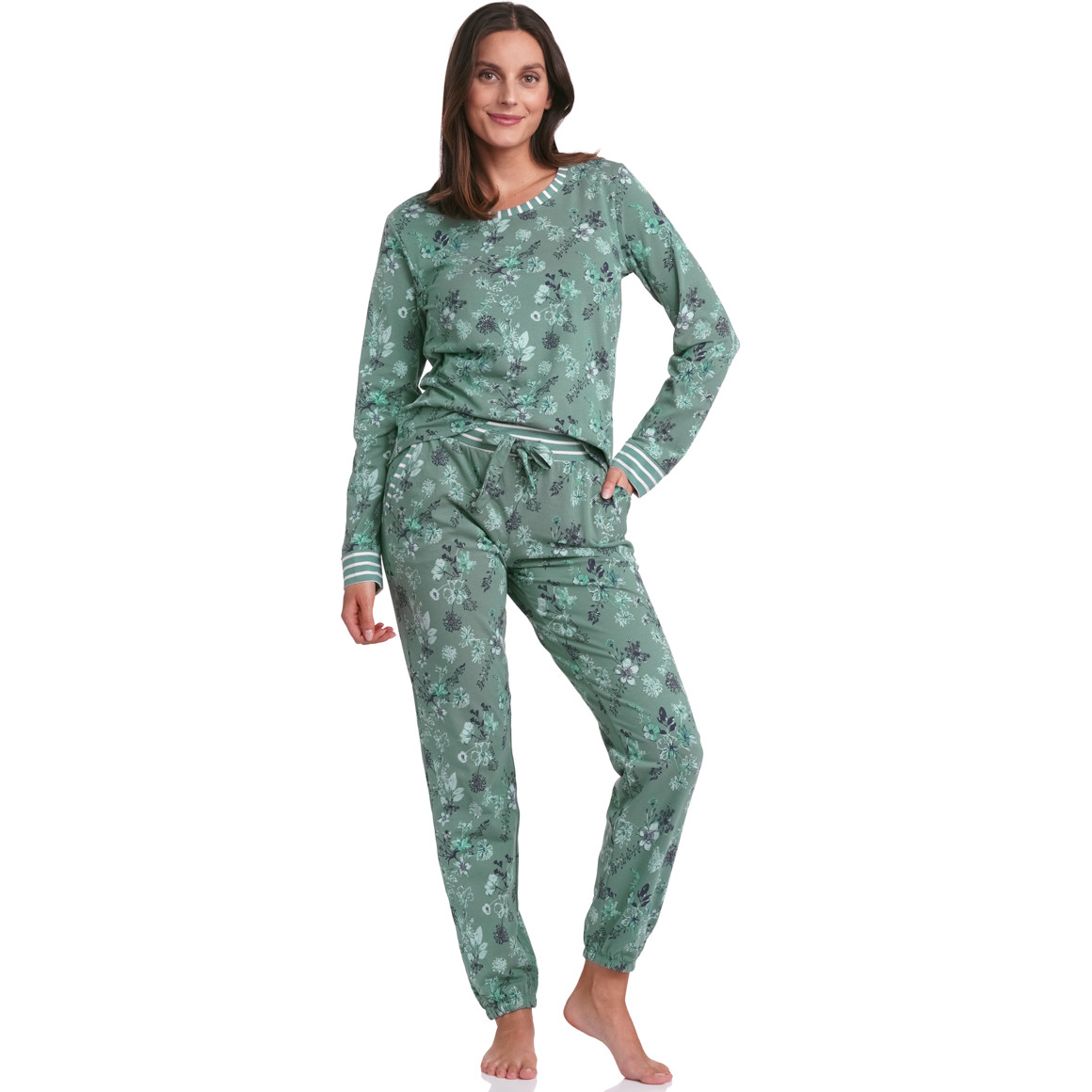 Gina Benotti Damen Schlafhose mit Blumen dunkelgrün