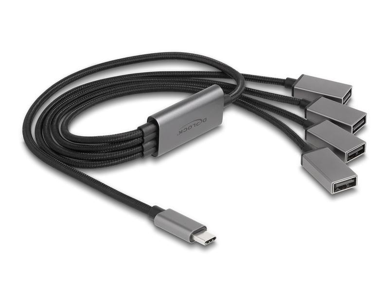 Delock USB-Hub USB 2.0 - 4x USB-A, USB Type-C, 60 cm Delock 4 Port USB 2.0 Kabel-Hub mit USB Type-C Anschluss 60 cm