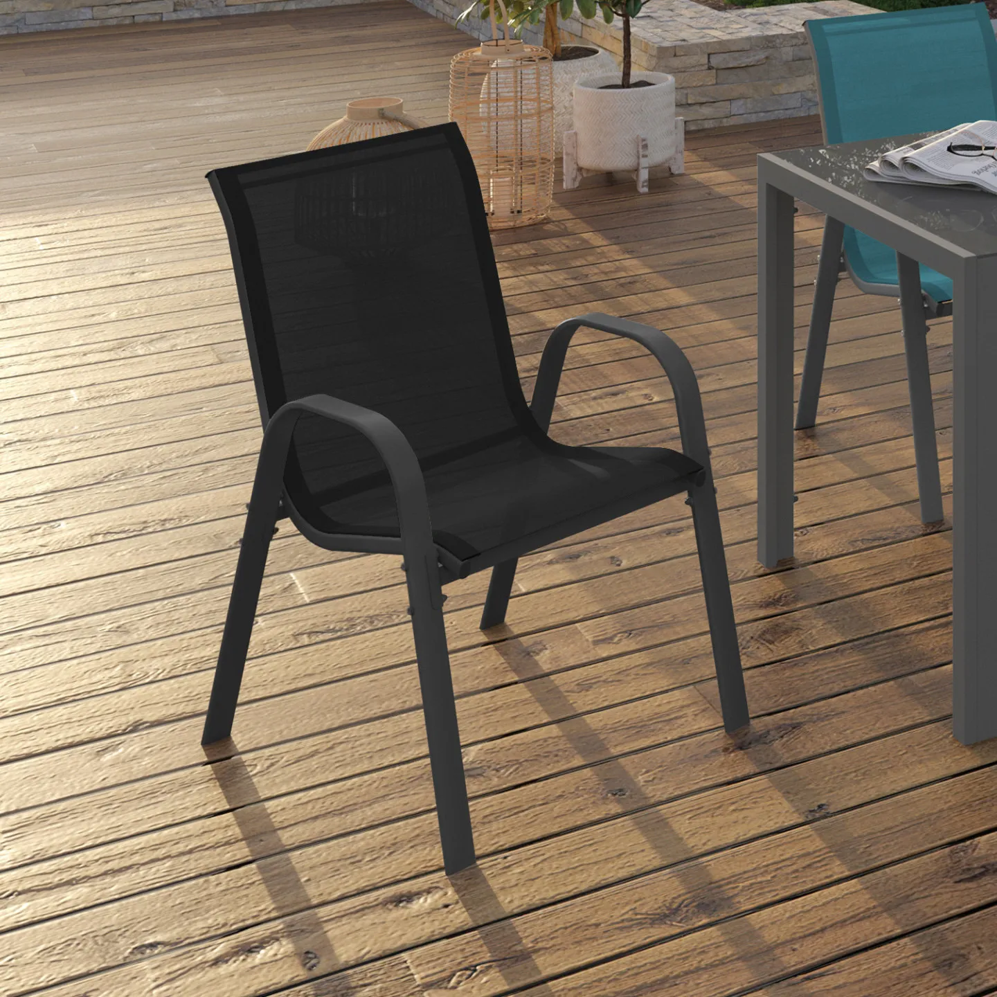Lot de 6 chaises de jardin LYMA métal et textilène empilables gris, noir et bleu