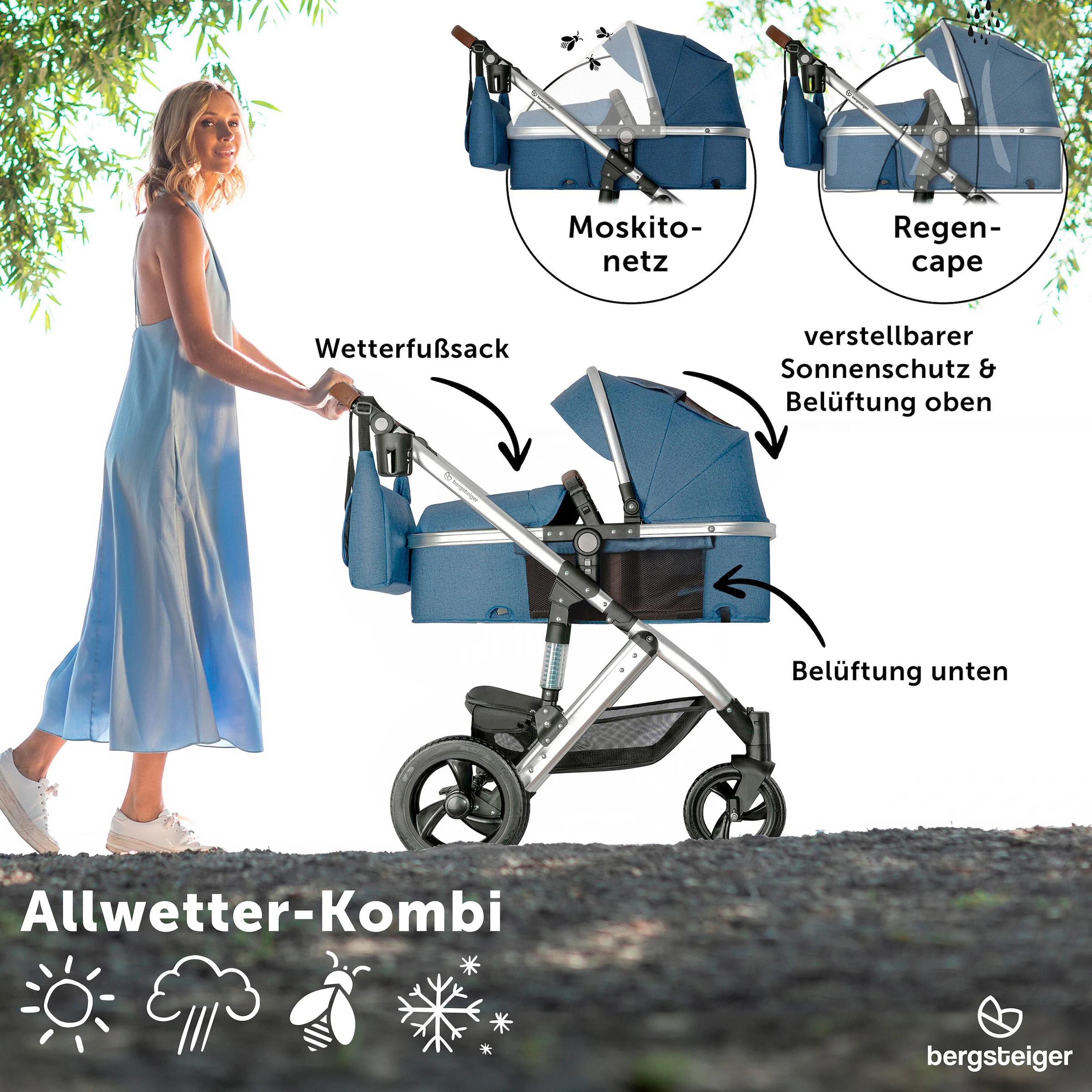 Bergsteiger Kinderwagen Nizza + Babyschale blue | Gestell: silver
