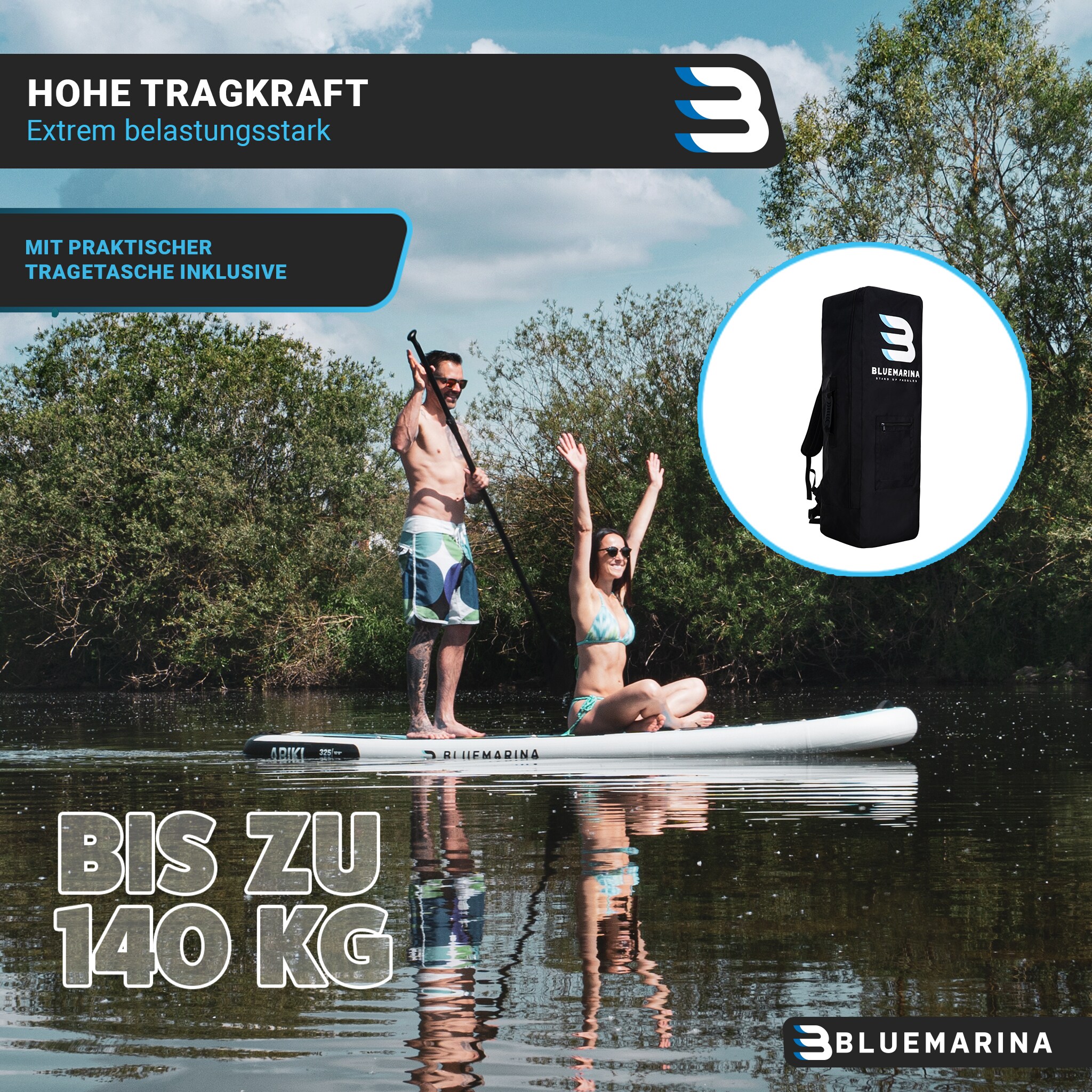 Bluemarina SUP Board Ariki, Stand Up Paddle aufblasbar mit Paddel, Pumpe, Rucksack, 5J Garantie (325x86x15cm / 10'8