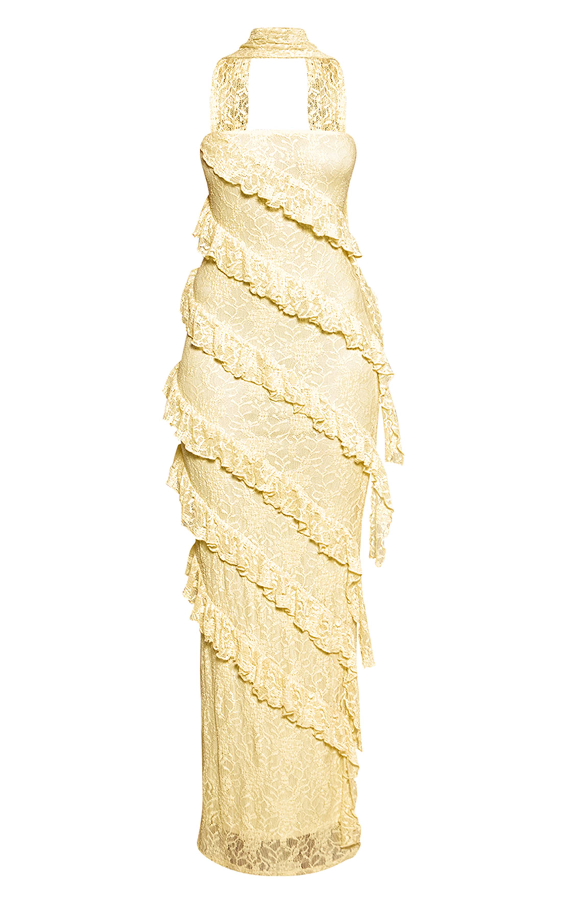 Citron Robe Maxi Asymétrique En Dentelle À Volants Et Détail Foulard